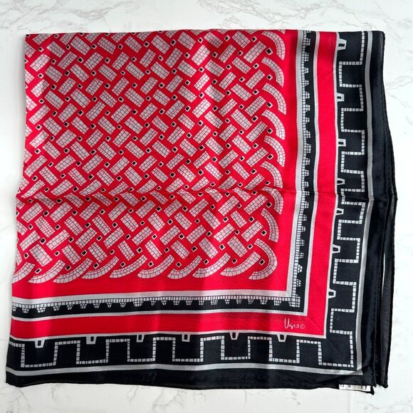 Vintage Vera Neumann Black Red Silver Grid Scarf - 28" Silk New with Tags - Picture 5 of 8
